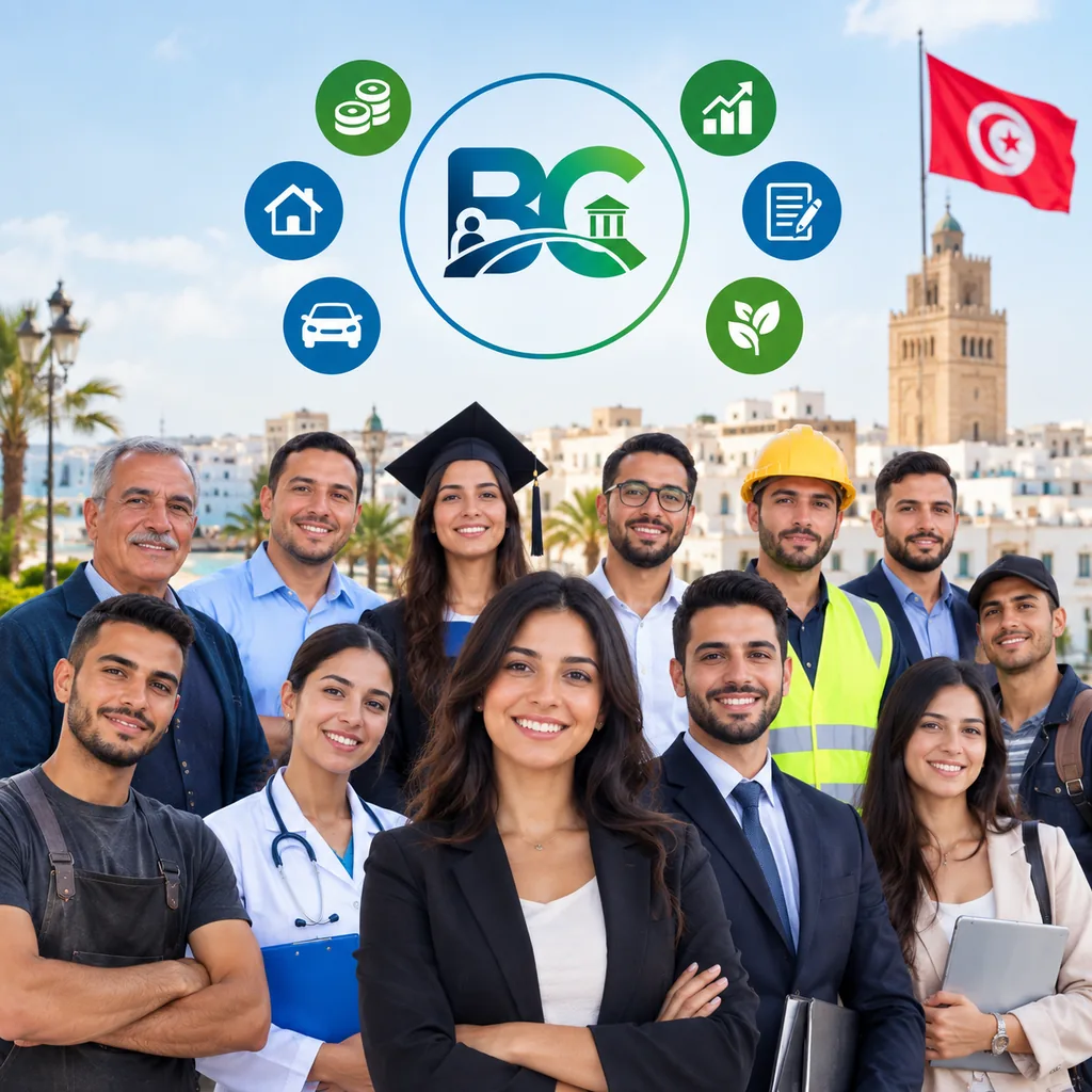 Onze profils de demandeurs tunisiens — retraité, salariés, étudiante diplômée, ingénieur, médecin, artisan, entrepreneuse, résident à l'étranger — réunis sous le logo Best Crédit, devant la médina et le drapeau tunisien.